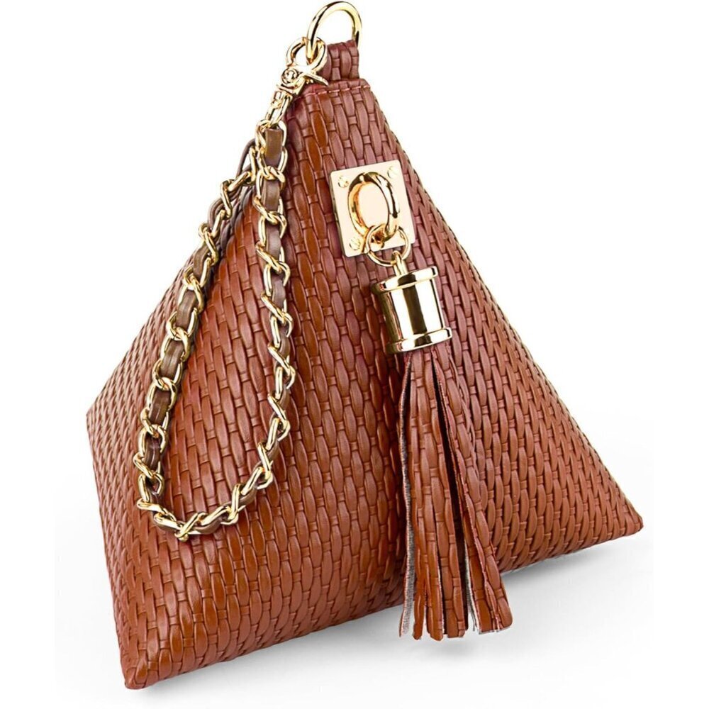⚡New Brown Leather Triangle Wristlet Clutch Handbag Pyramid Evening Cocktail